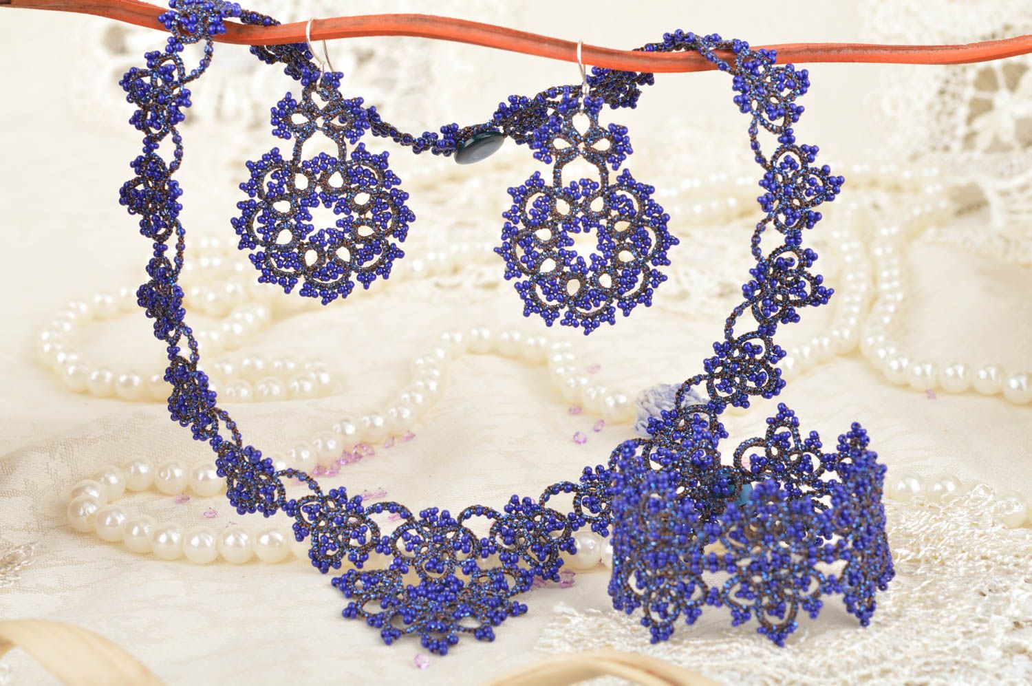 Beautiful handmade designer jewelry set tatting earrings bracelet and necklace photo 2