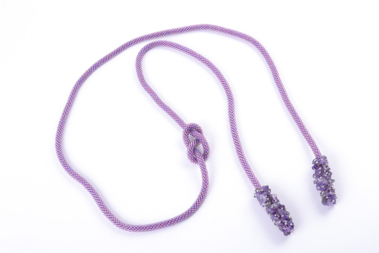 Handmade violet beautiful women's necklace woven of beads and natural amethyst photo 3