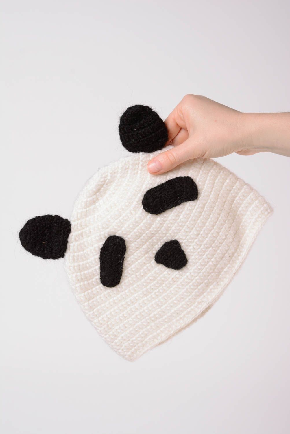 Bonnet tricoté pour enfant en laine naturelle fait main Panda noir blanc photo 5