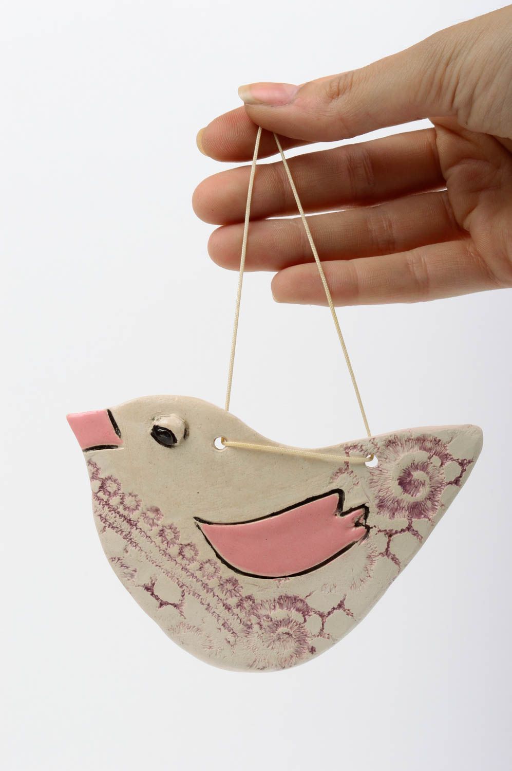 Handmade Deko Anhänger Wand Schmuck Wohn Accessoire süßer rosa Vogel aus Ton foto 2