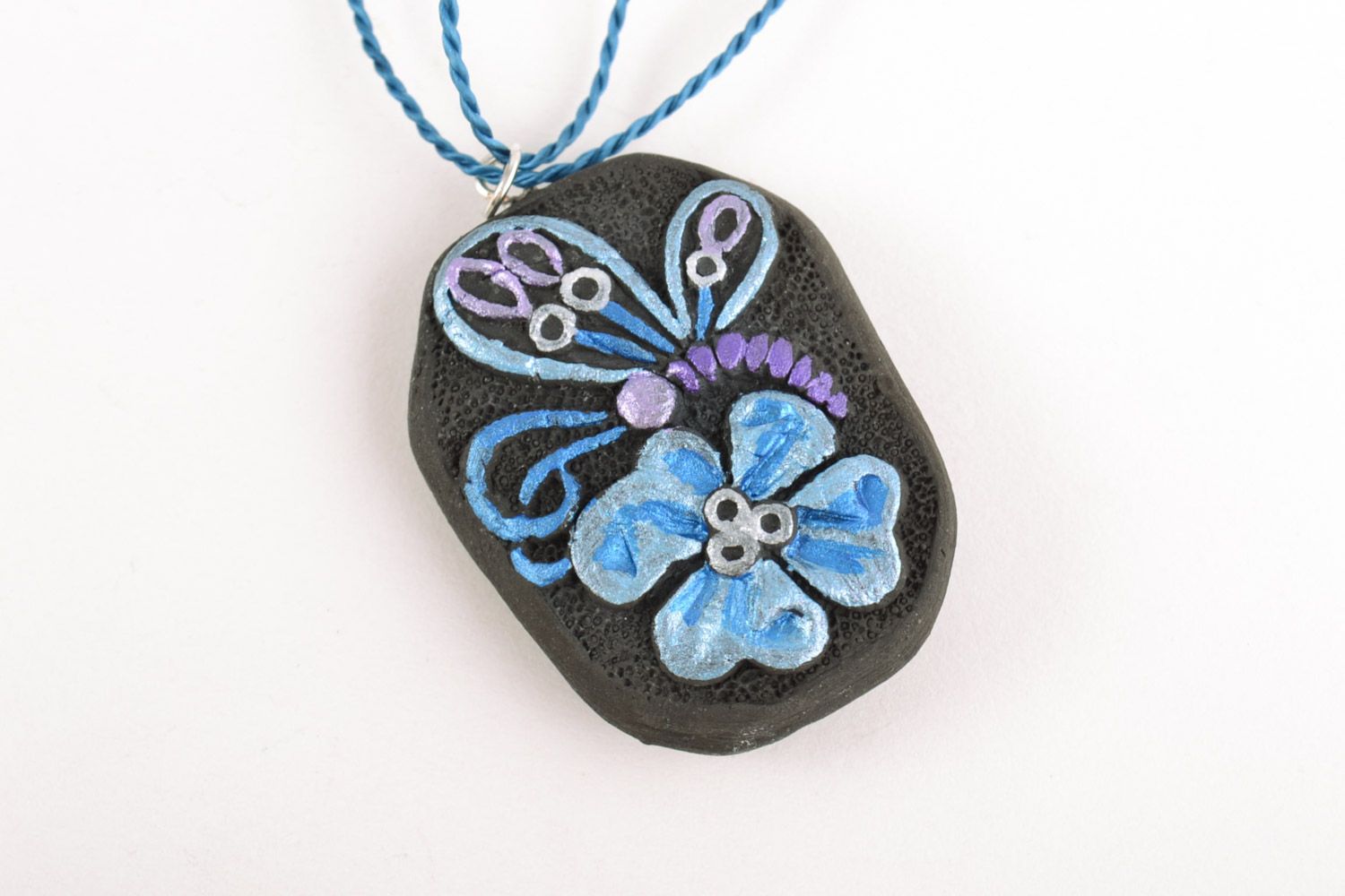 Handmade painted ceramic jewelry set 2 items clay earrings and pendant in the shape of butterflies photo 4