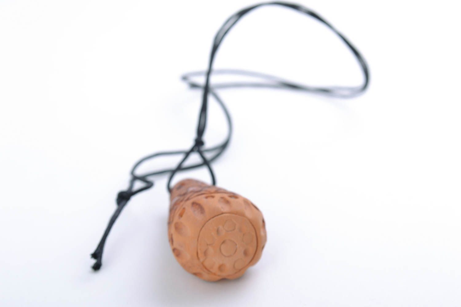 Handmade pendant made of clay unusually shaped brown accessory on long cord photo 4