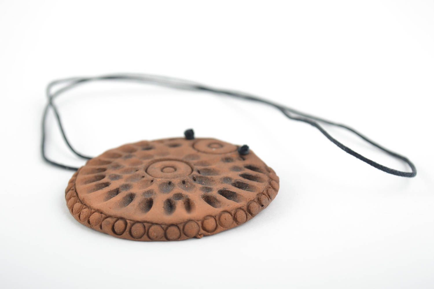 Handmade designer unusual ethnic clay pendant of round shape  photo 3