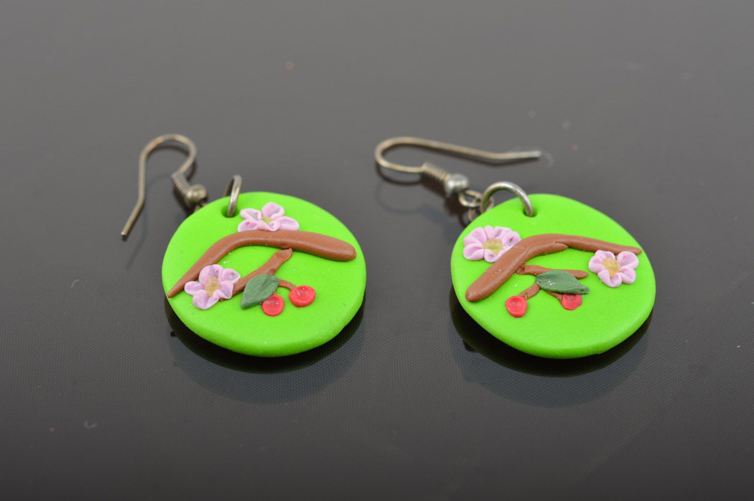 Beautiful handmade polymer clay round earrings of green color Oriental Cherry Branch photo 3