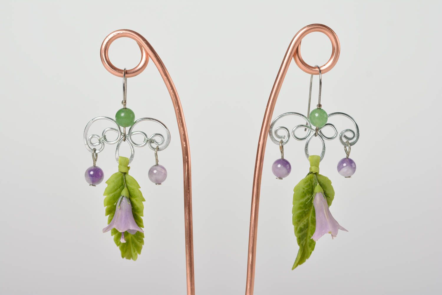 Handmade fancy long dangling earrings with polymer clay flowers and beads photo 1