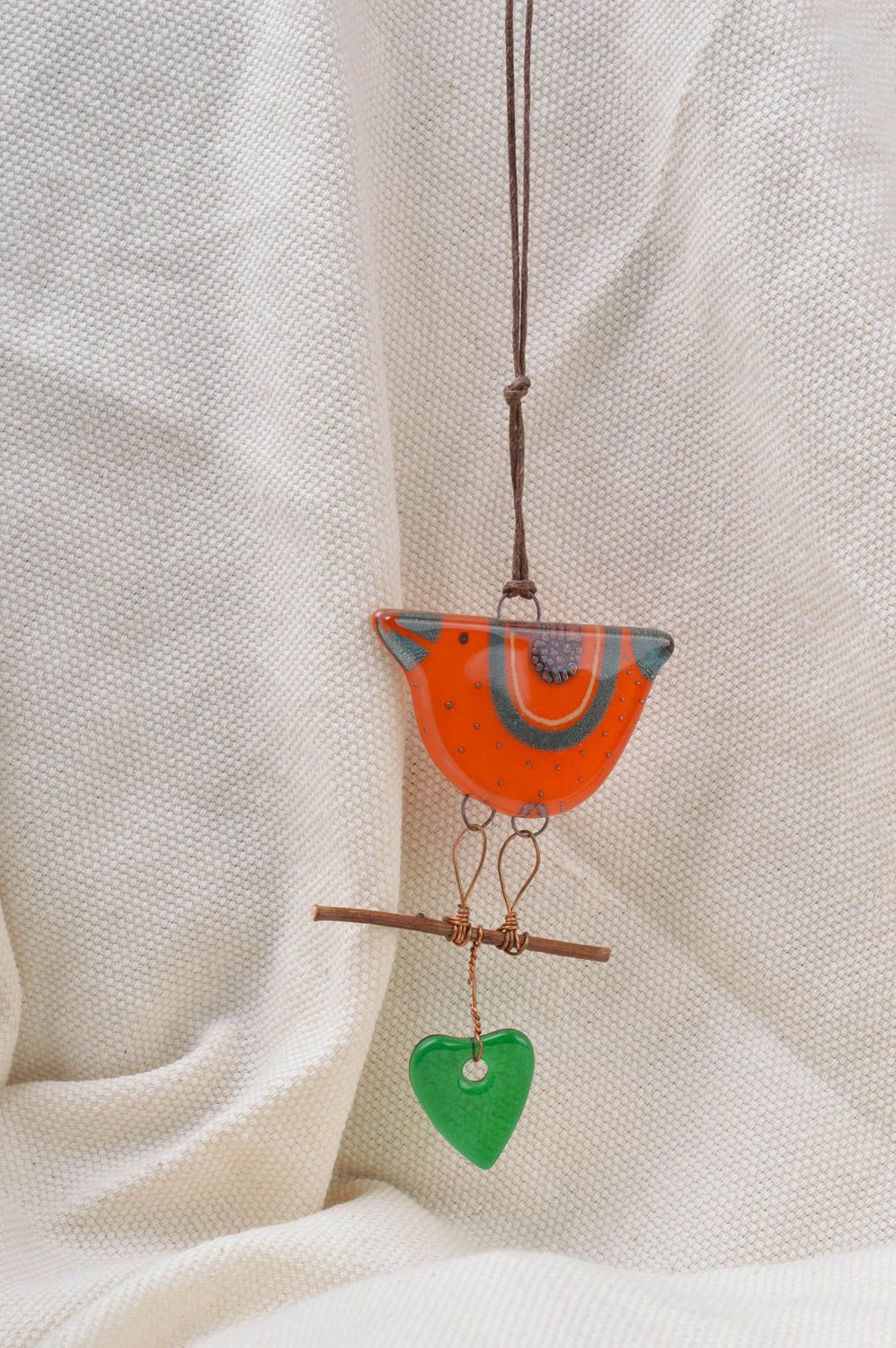 Handmade designer fused glass wall hanging orange bird and green heart photo 1