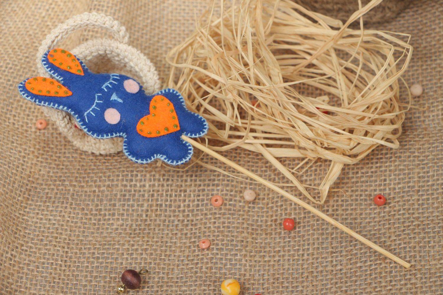 Handmade small soft toy on stick blue rabbit for interior decoration photo 1