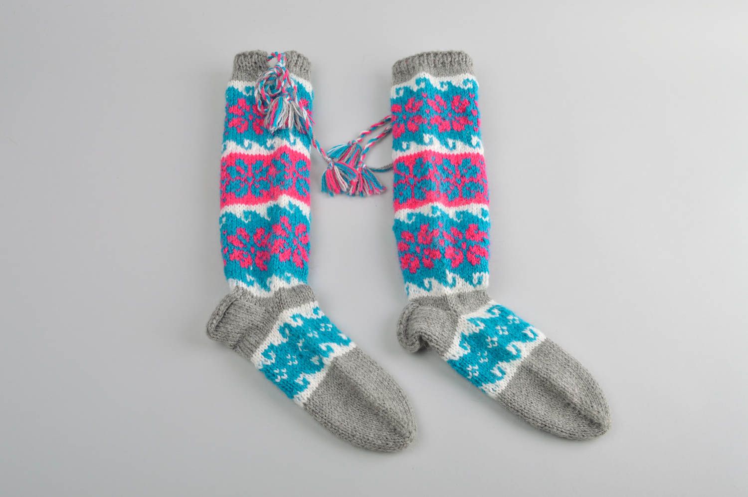 Носки ручной работы шерстяные носки серые с узором зимние аксессуары теплые фото 2