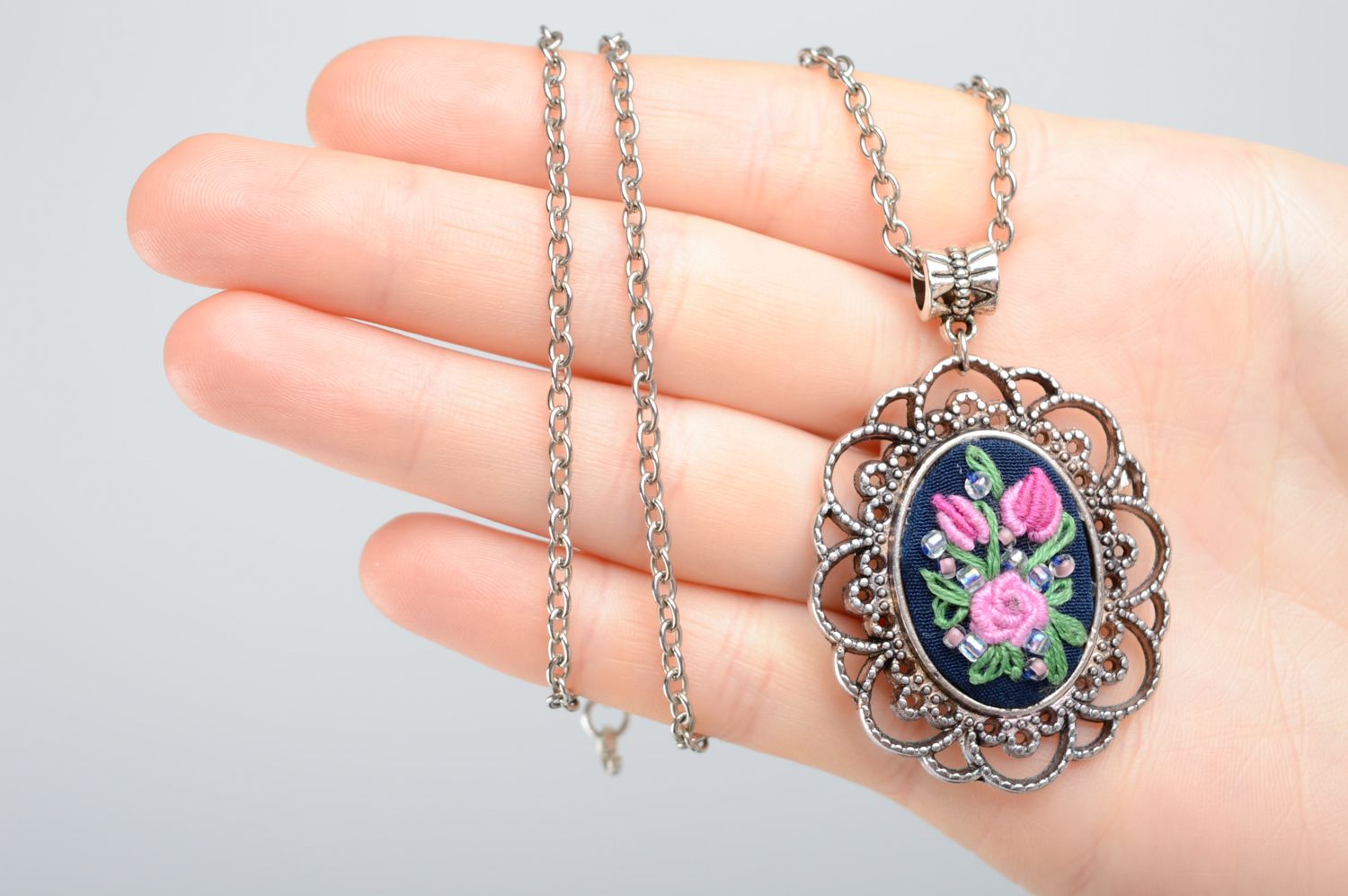 Gentle lacy embroidered pendant with chain photo 3