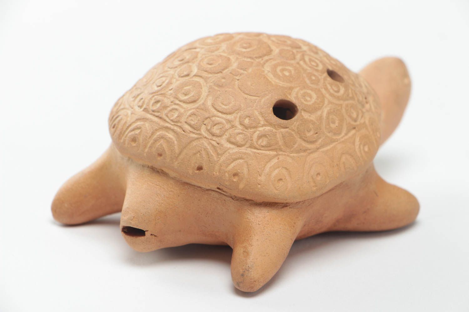 Small handmade designer beige clay ocarina ceramic penny whistle Turtle photo 4