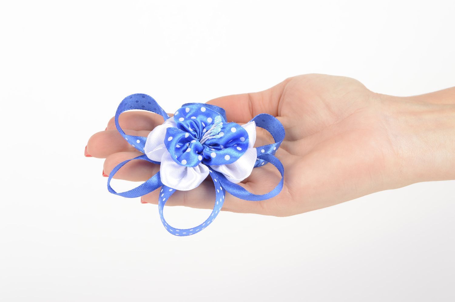Handmade flower hair tie unusual blue accessory tender hair tie for kids photo 5