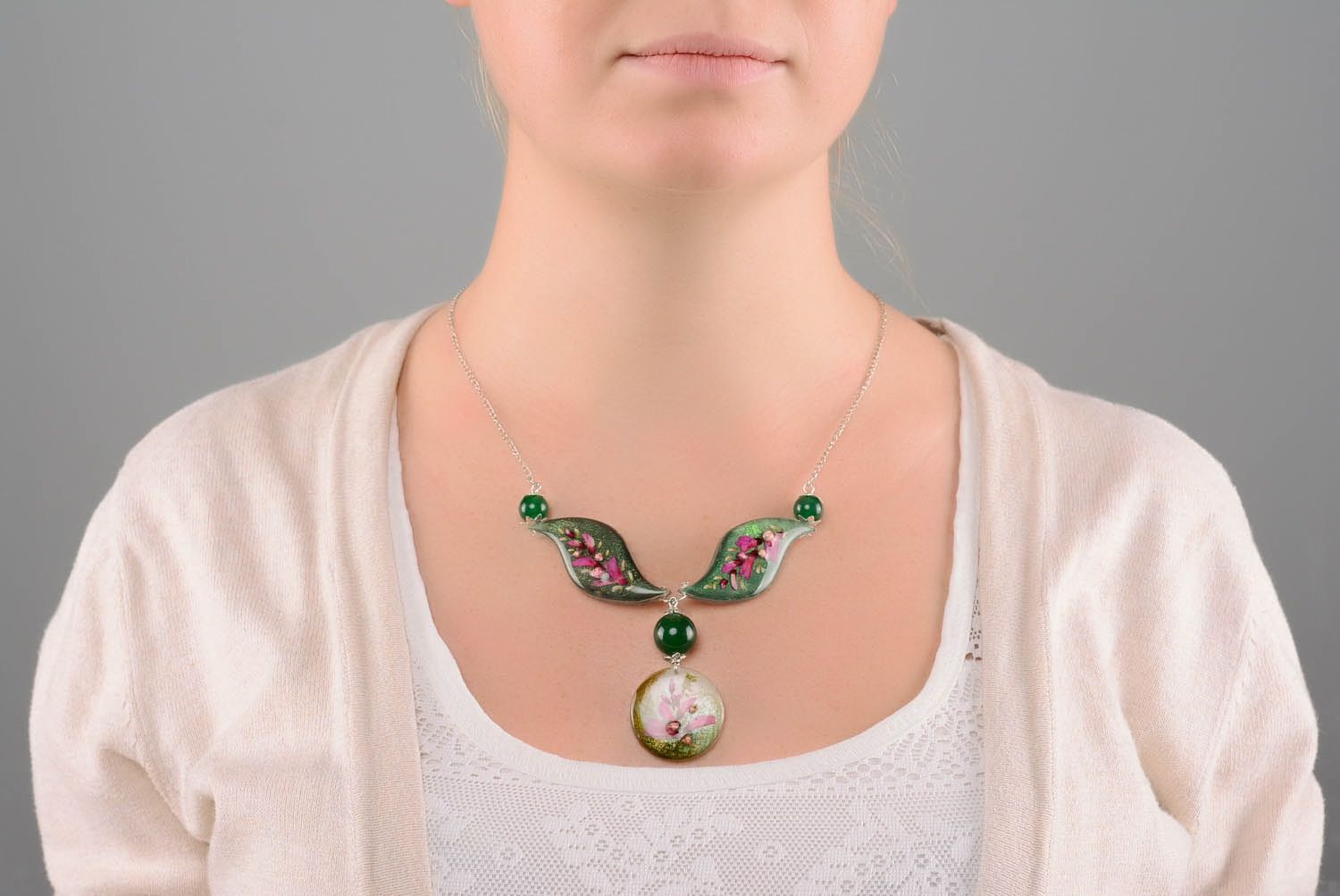 Collana con fiori secchi lunga fatta a mano girocollo donna bigiotteria bella foto 3