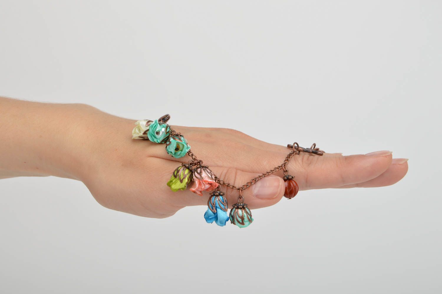 Handmade metal bracelet with satin roses flower jewelry satin bracelet photo 2