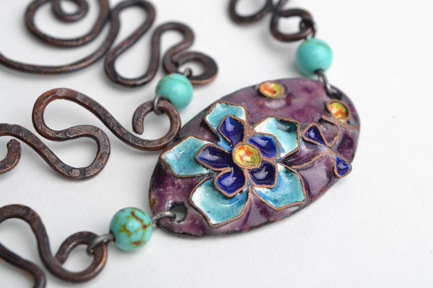 Handmade massive copper necklace painted with colorful enamels in violet colors photo 5
