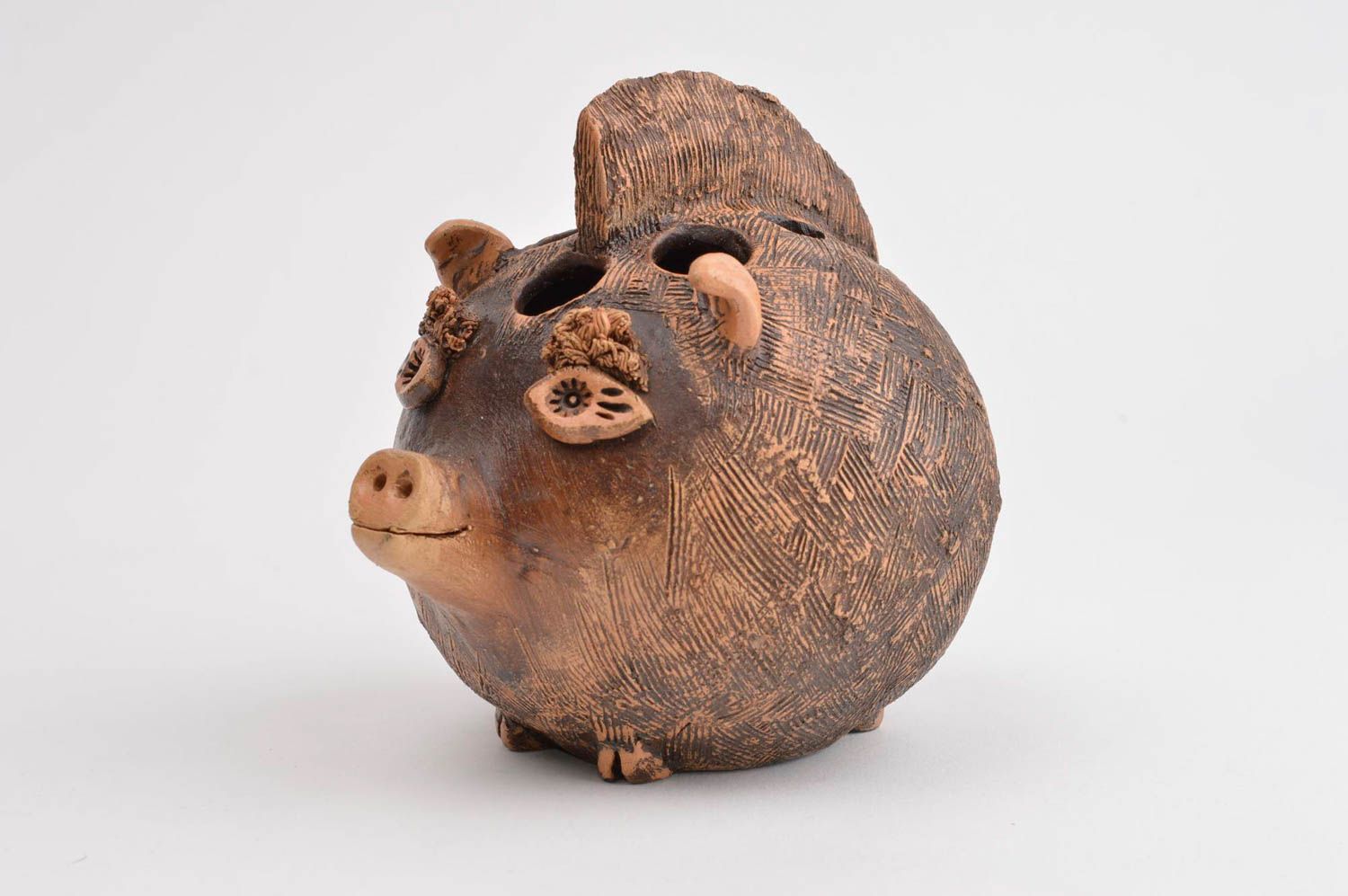Pot à crayons original fait main cochon céramique marron Accessoire bureau photo 3