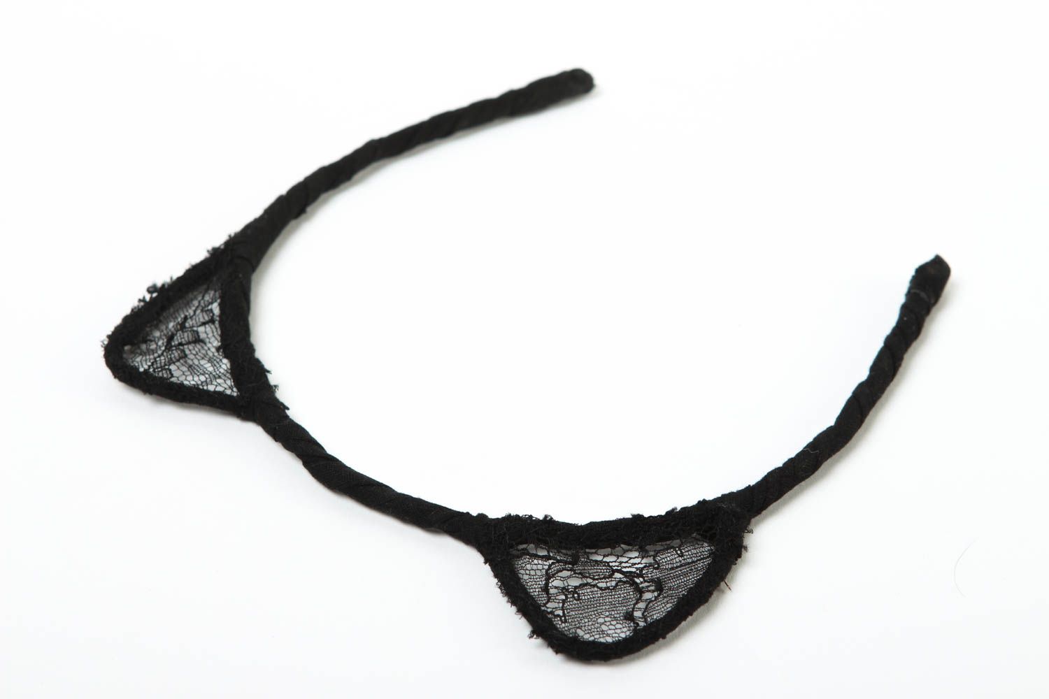 Ободок с ушками ручной работы обруч для волос аксессуар на голову черный фото 2