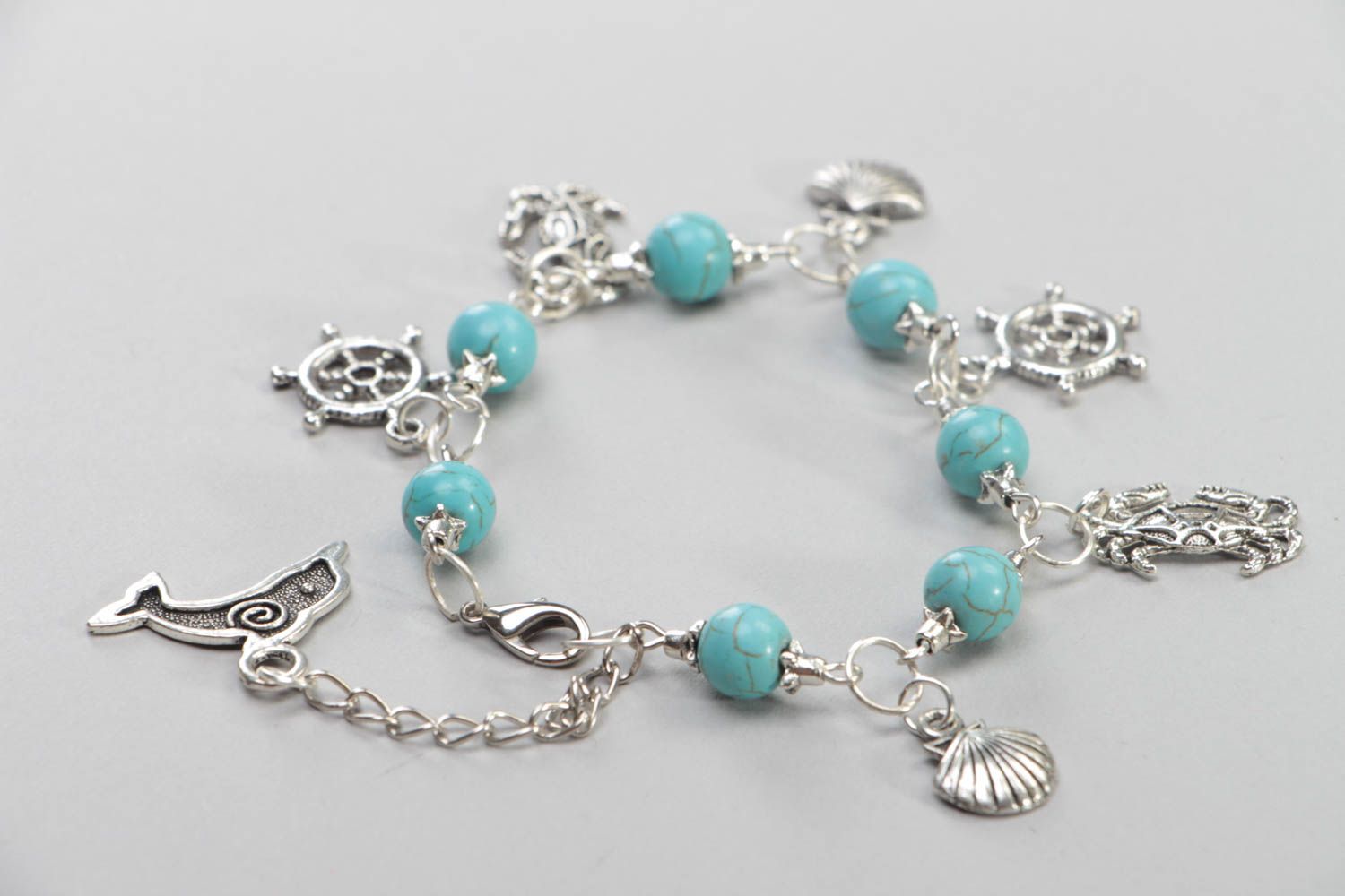 Handmade turquoise bracelet unusual accessory with metal charms cute jewelry photo 4