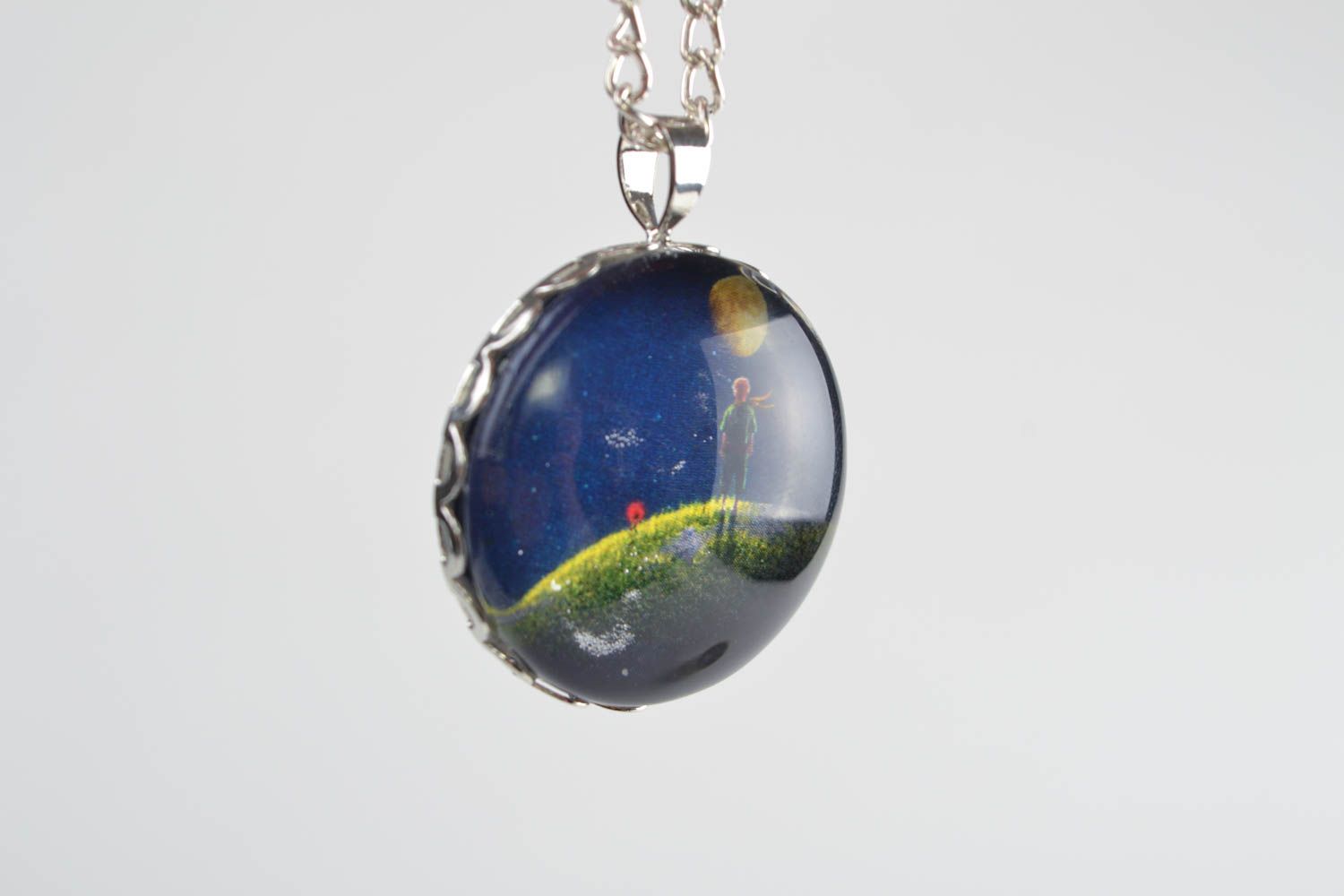 Handmade small round pendant with glass on long metal chain Starry Sky  photo 4