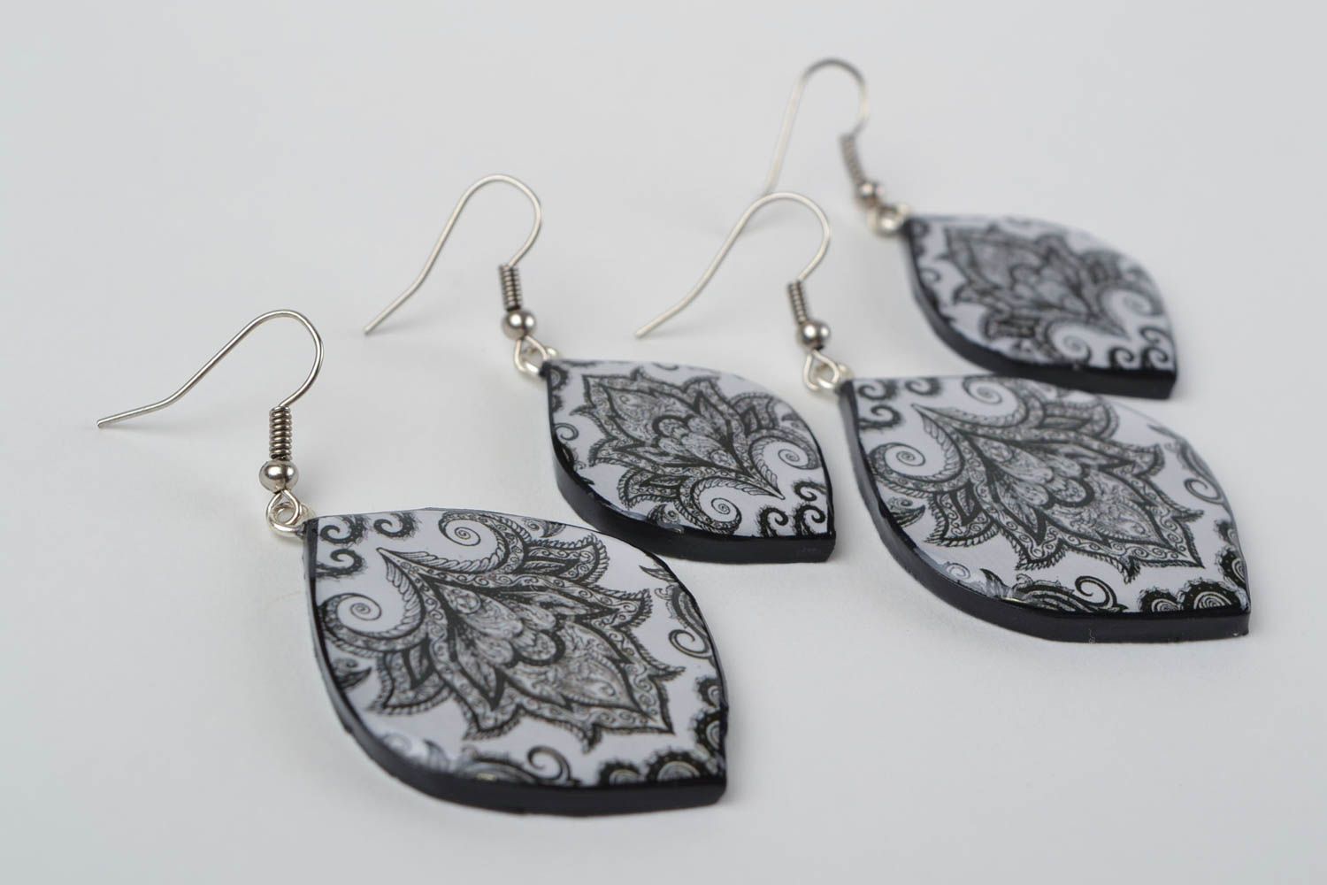 Set of polymer clay earrings with decoupage leaves 2 pieces handmade jewelry photo 4