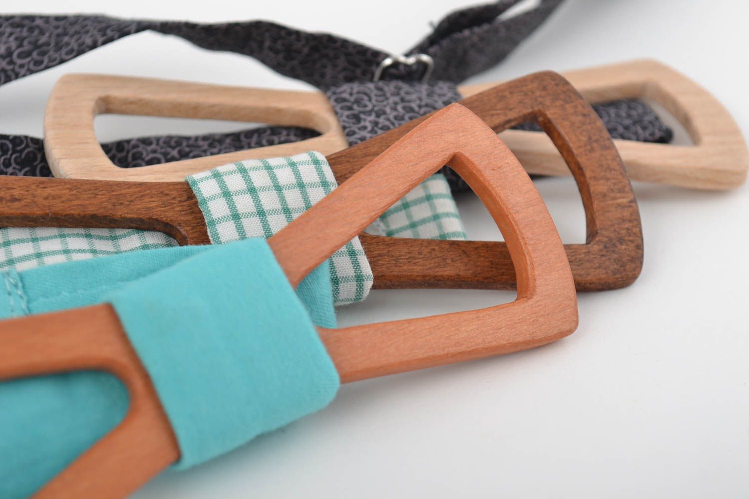 Set of 3 multicolored handmade designer wooden bow ties with cotton straps photo 3