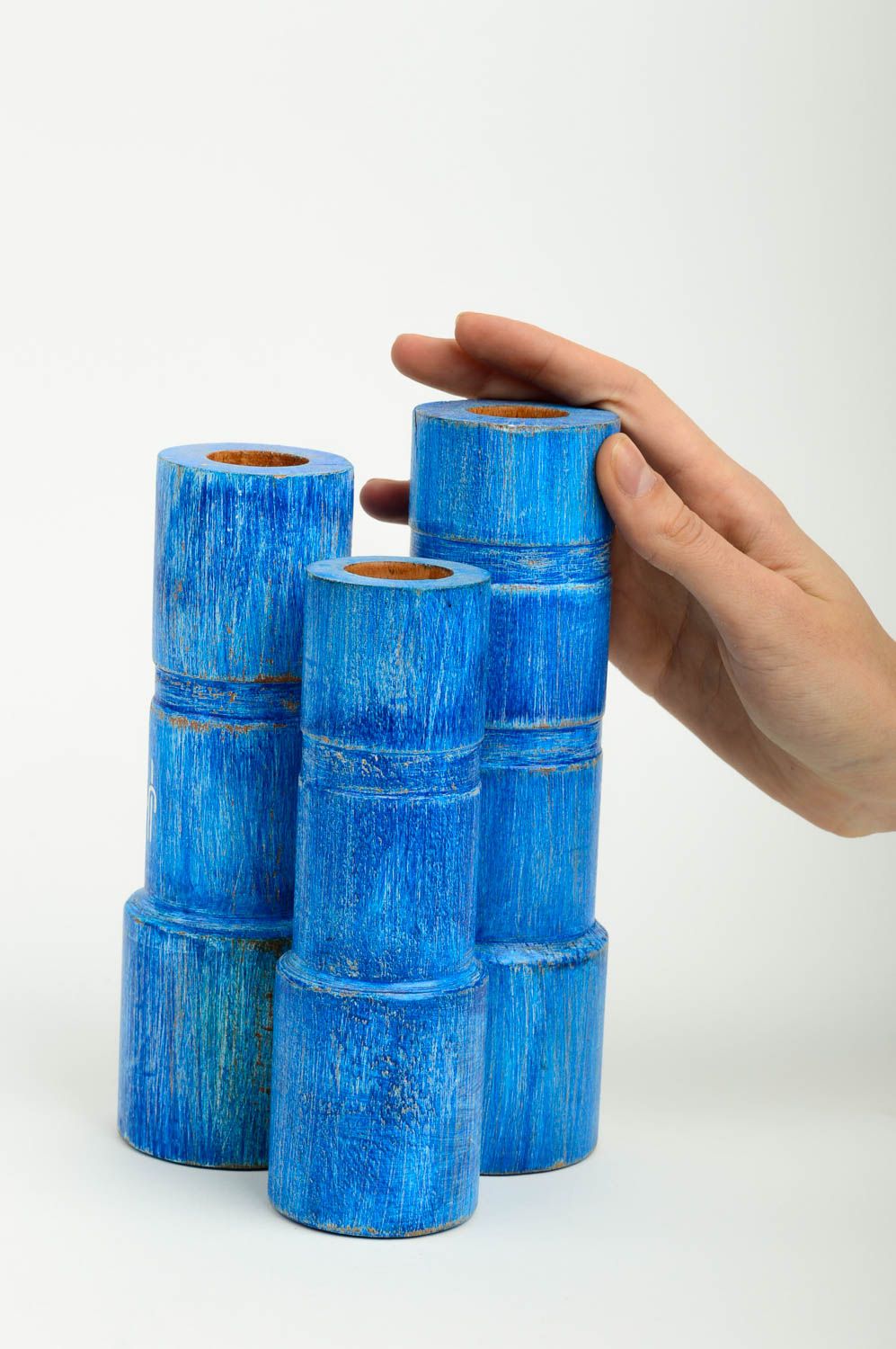 Candeleros de madera hechos a mano soportes para velas decoración de interior foto 2