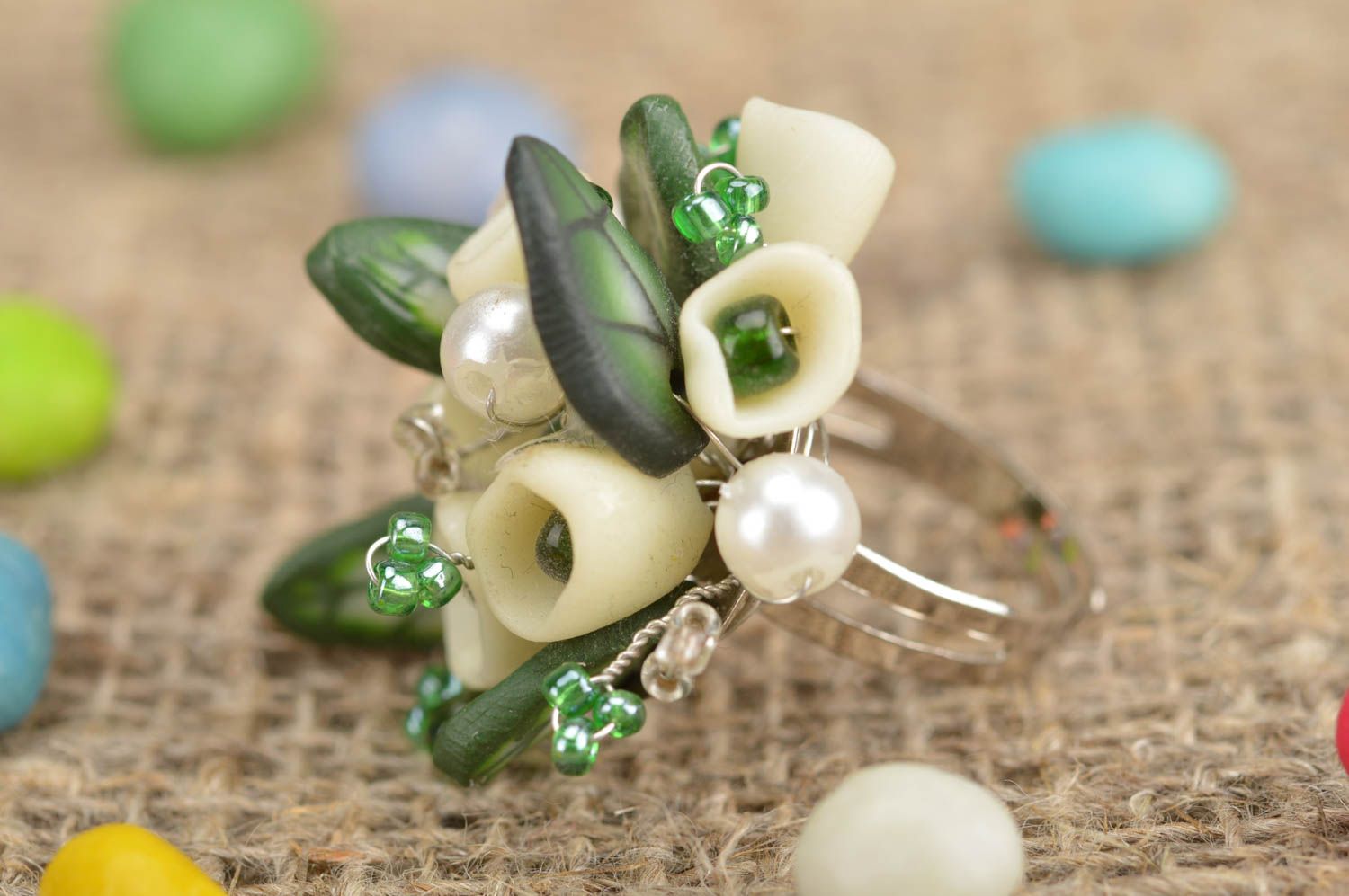 Designer polymer clay handmade ring bouquet of snowdrops with adjustable size photo 1