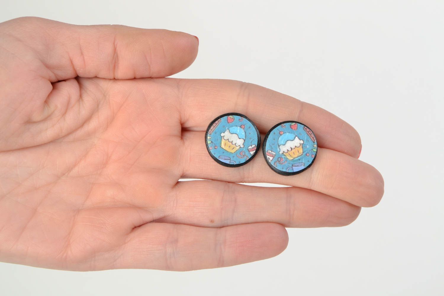 Handmade plastic round stud earrings with decoupage print photo 2