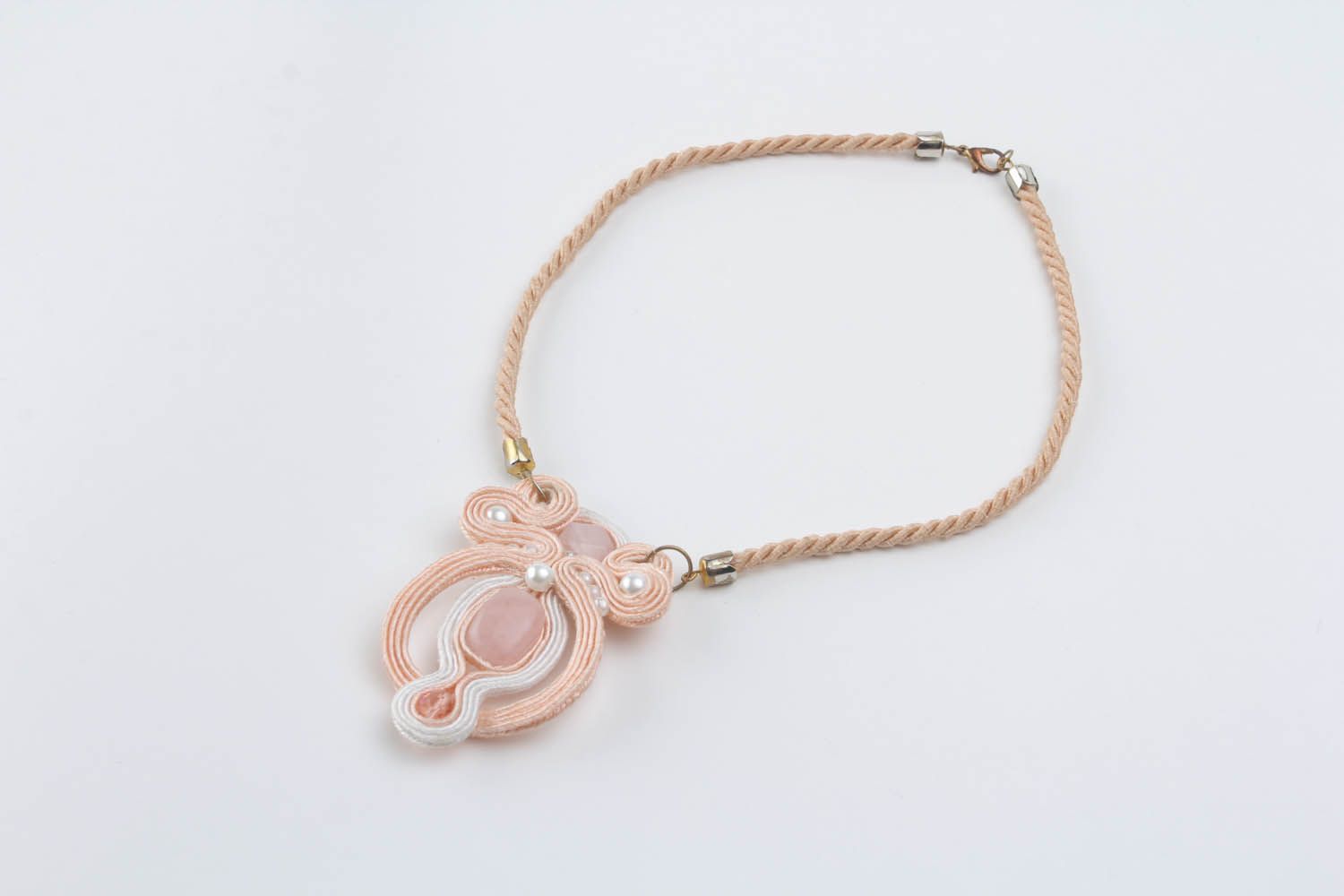 Soutache necklace pendant with pink quartz photo 3