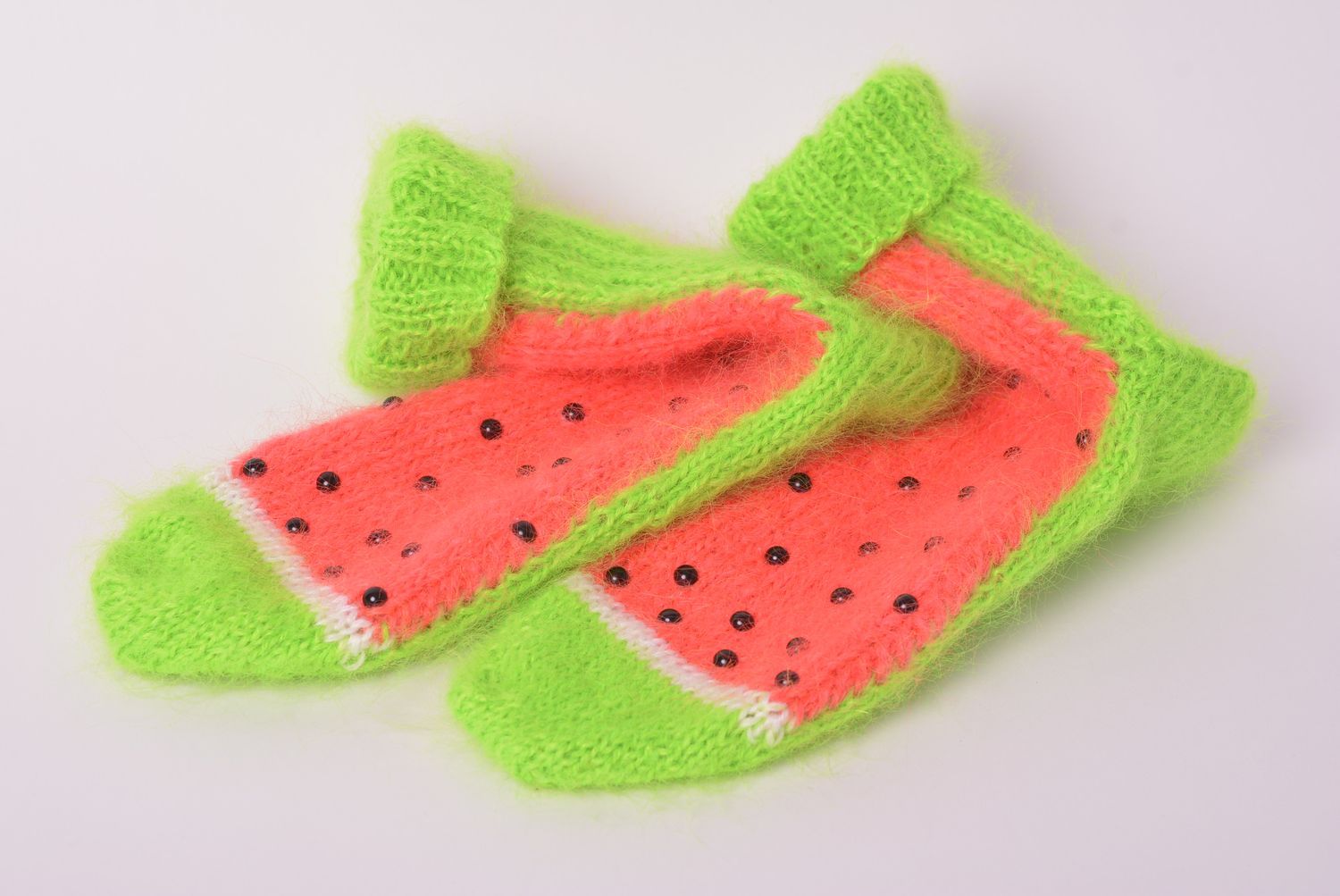 Handmade bunte hohe Stricksocken aus Wolle originell für Mädchen Wassermelone foto 2