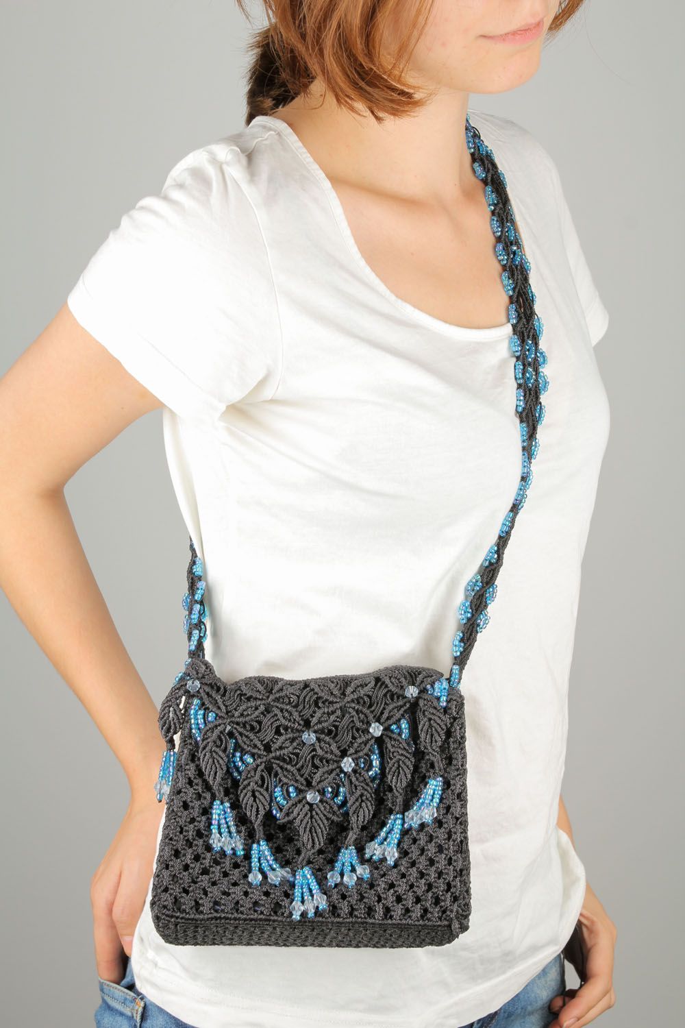 Плетеная сумка в технике макраме Серо-голубая фото 1