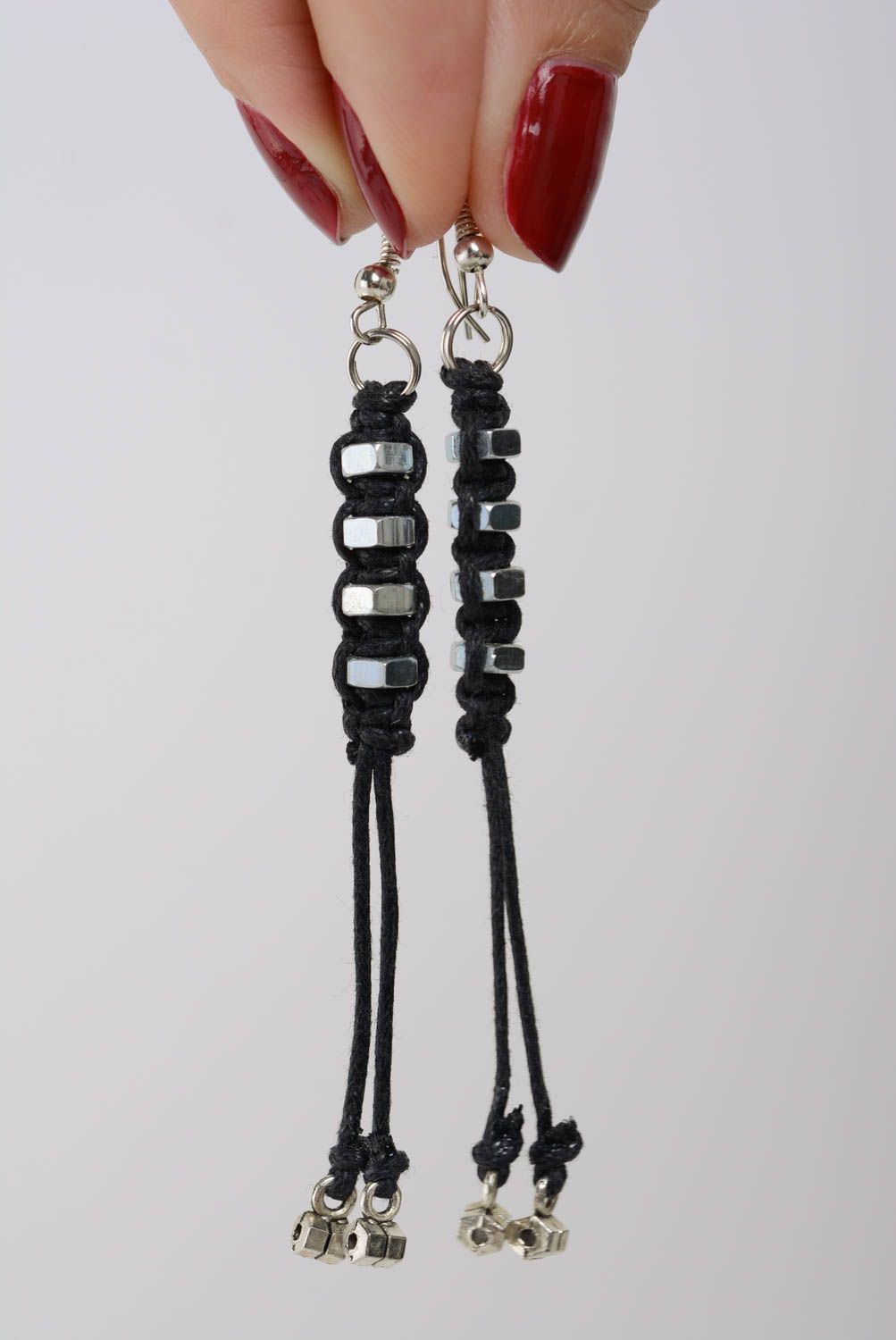 Handmade black designer macrame woven cord earrings with metal nuts photo 3