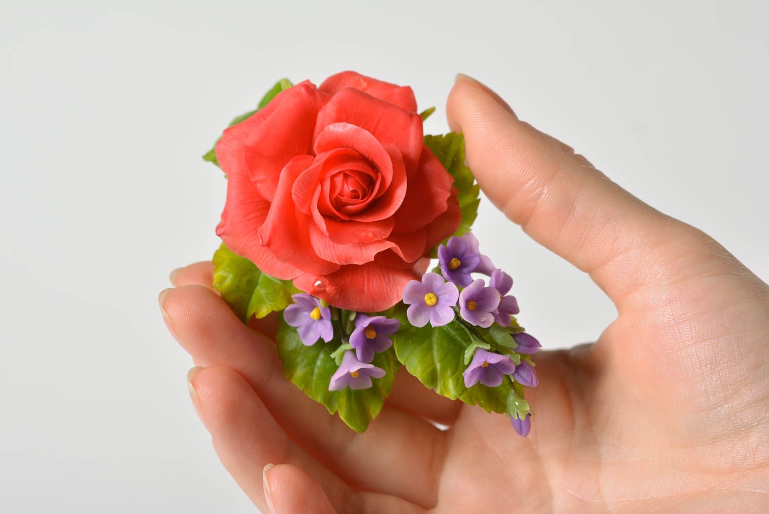 Handmade designer decorative hair clip with polymer clay red and violet flowers photo 1