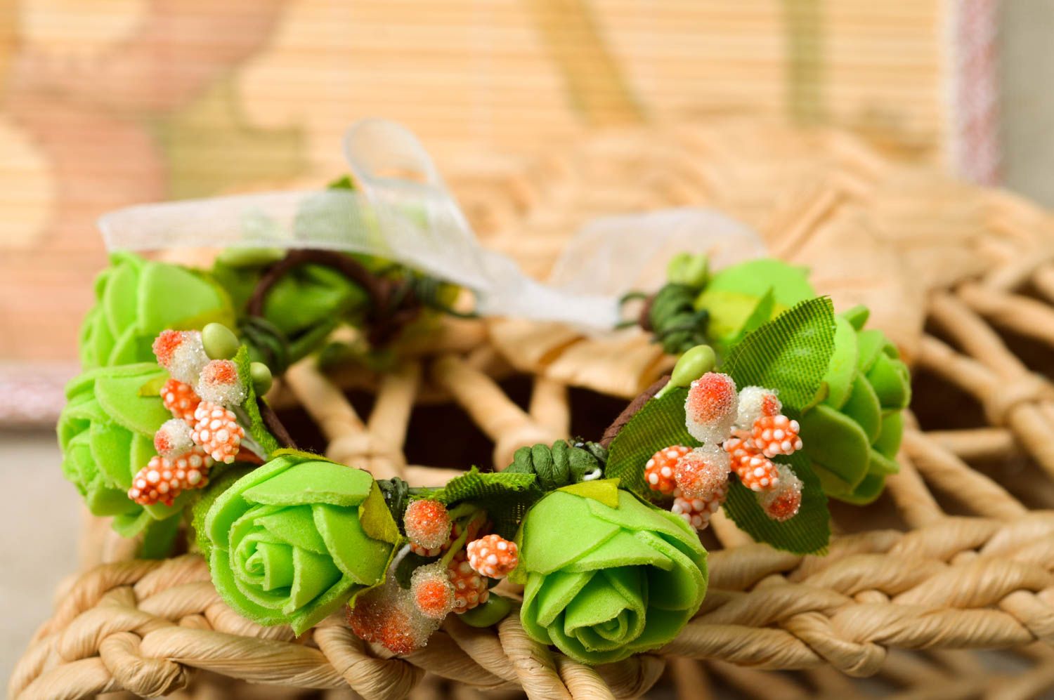 Bracelet floral en foamiran Bijou fait main vert élégant Cadeau pour femme photo 1