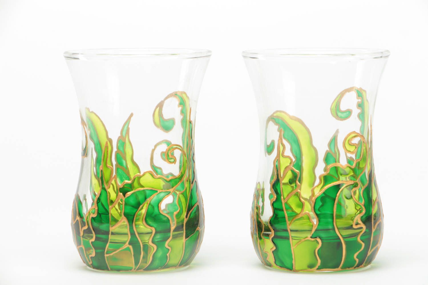 Ensemble de petits verres en verre peints à motif vert faits main 10 cl 2 pièces photo 2