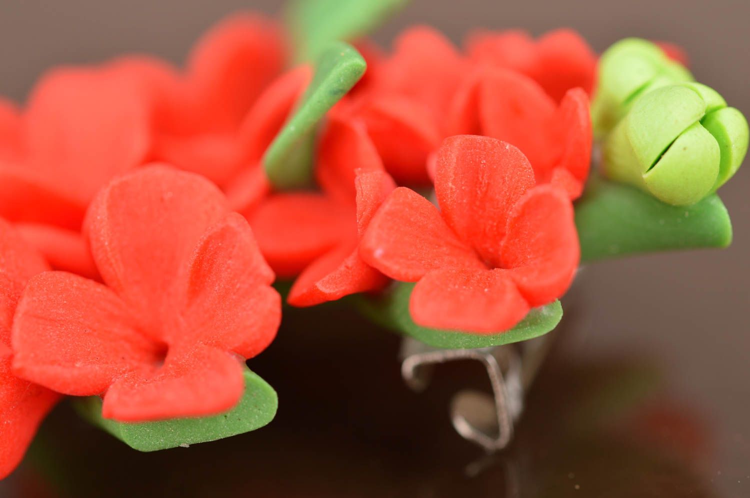 Handmade beautiful cute red flower brooch made of polymer clay Bouquet  photo 4