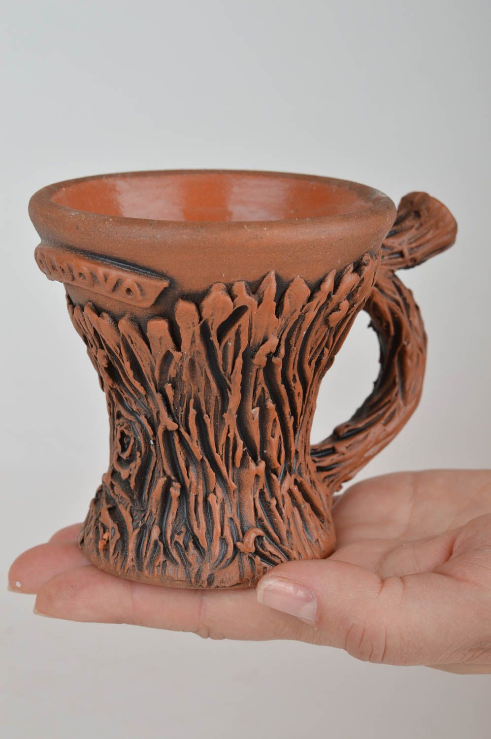 3 oz clay coffee cup glazed inside with wood fake pattern and handle photo 3
