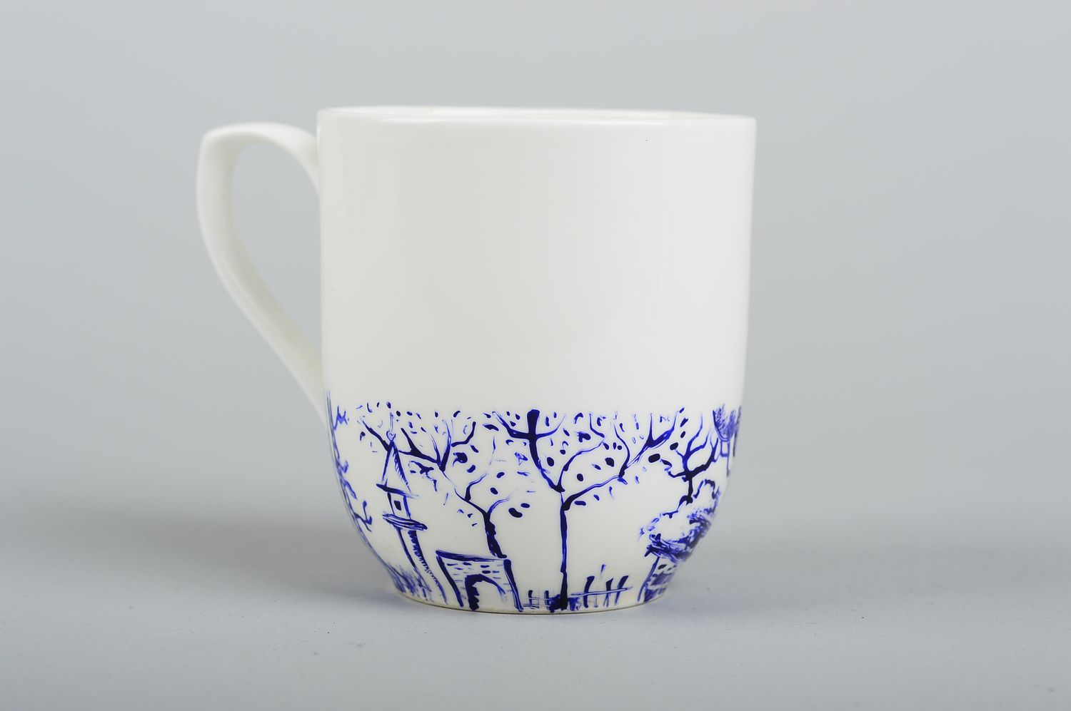 Чайная чашка ручной работы керамическая посуда белая с синим посуда для чая фото 3