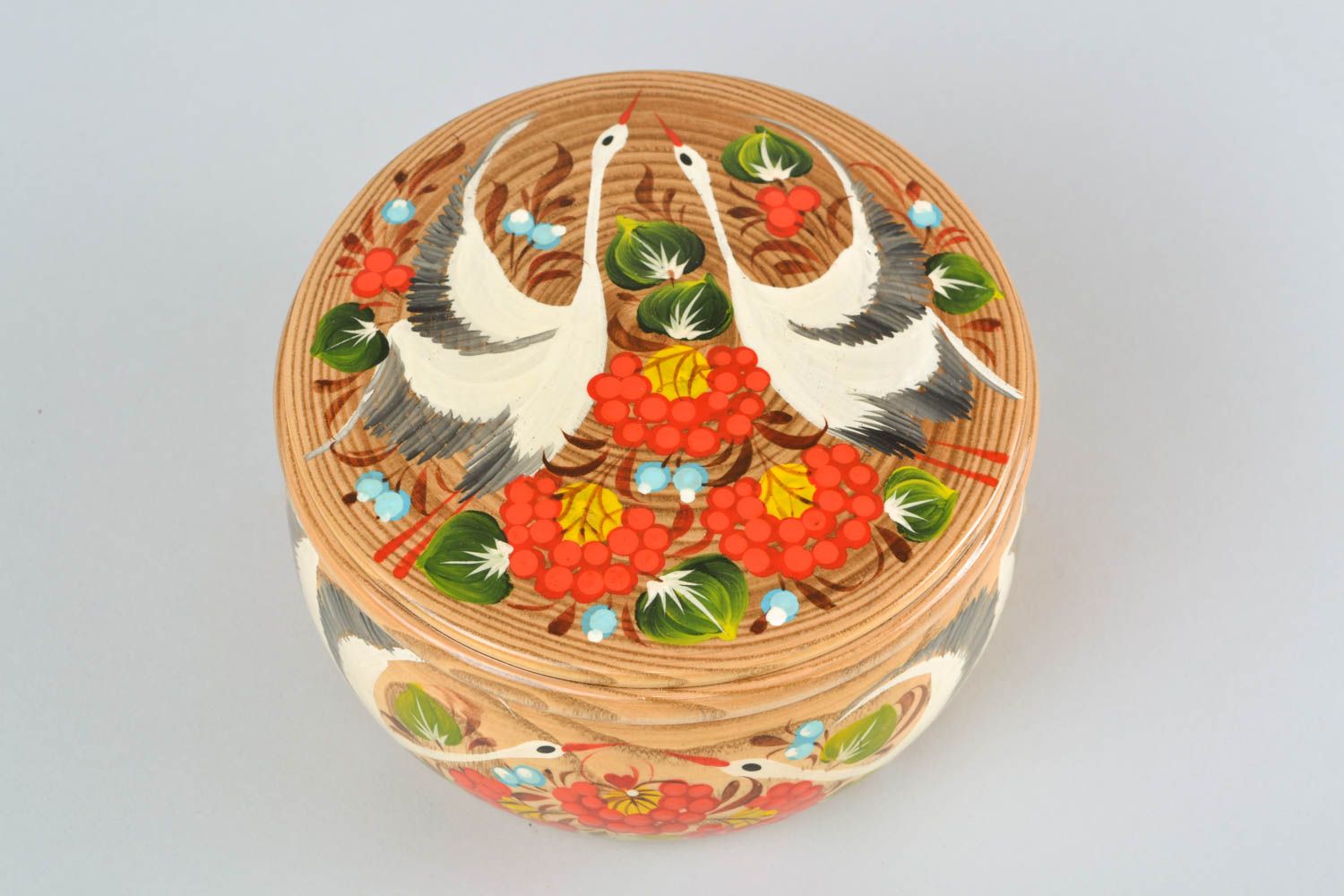 Boîte décorative en bois faite main originale ronde peinture de Petrykivka photo 4