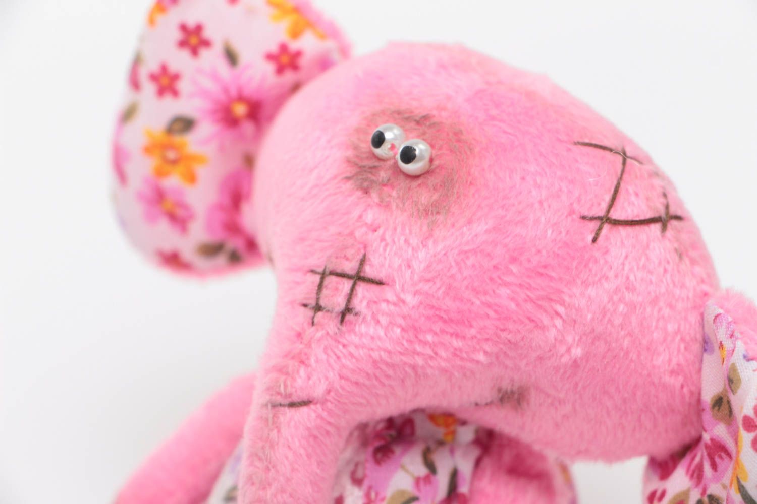 Handmade small vintage soft toy sewn of plush pink elephant with floral ears photo 3