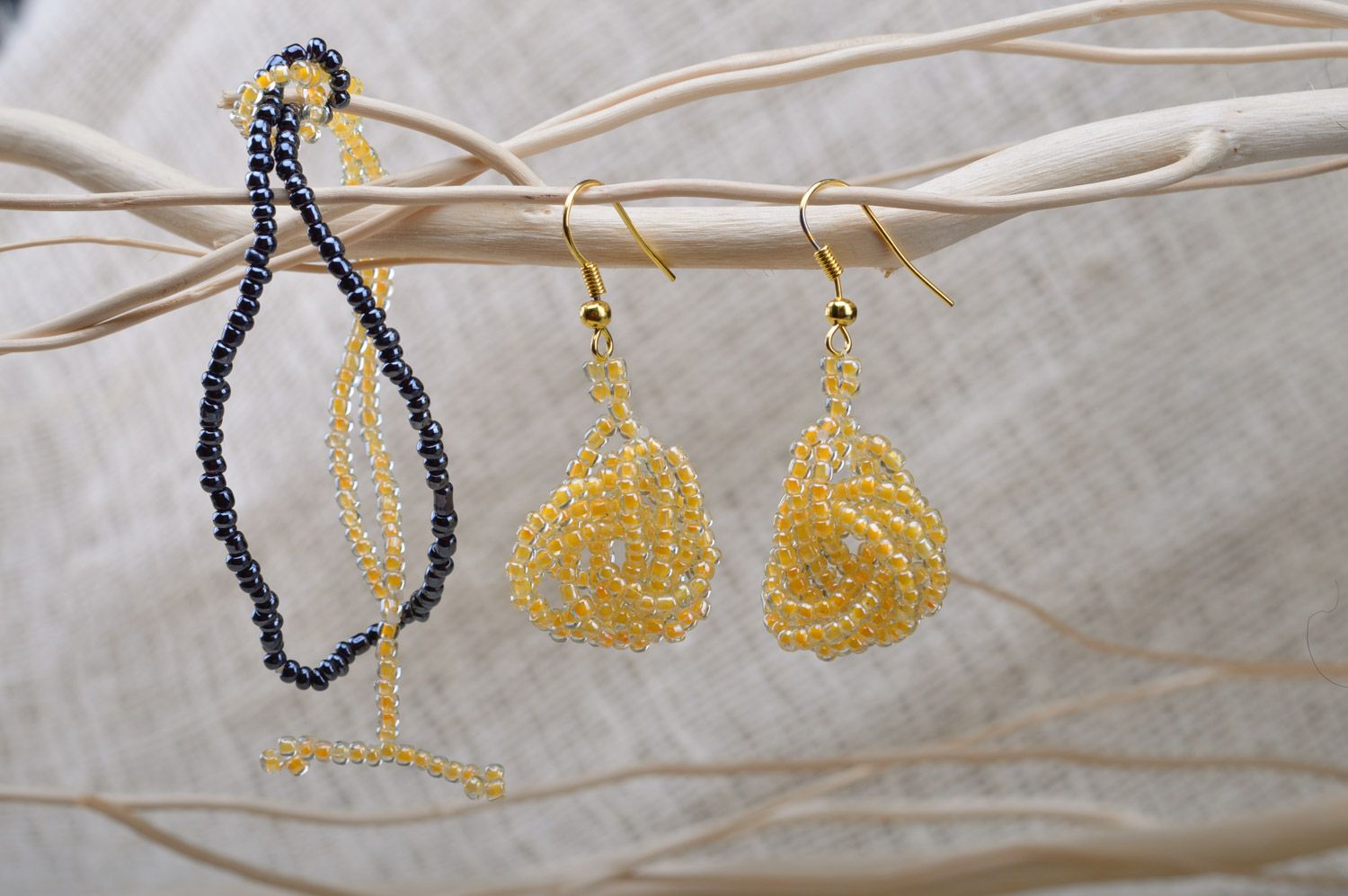 Set of handmade jewelry woven of Czech beads dangle earrings and wrist bracelet photo 1