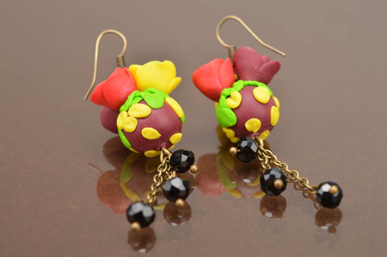 Handmade designer summer colorful floral polymer clay dangle earrings  photo 2