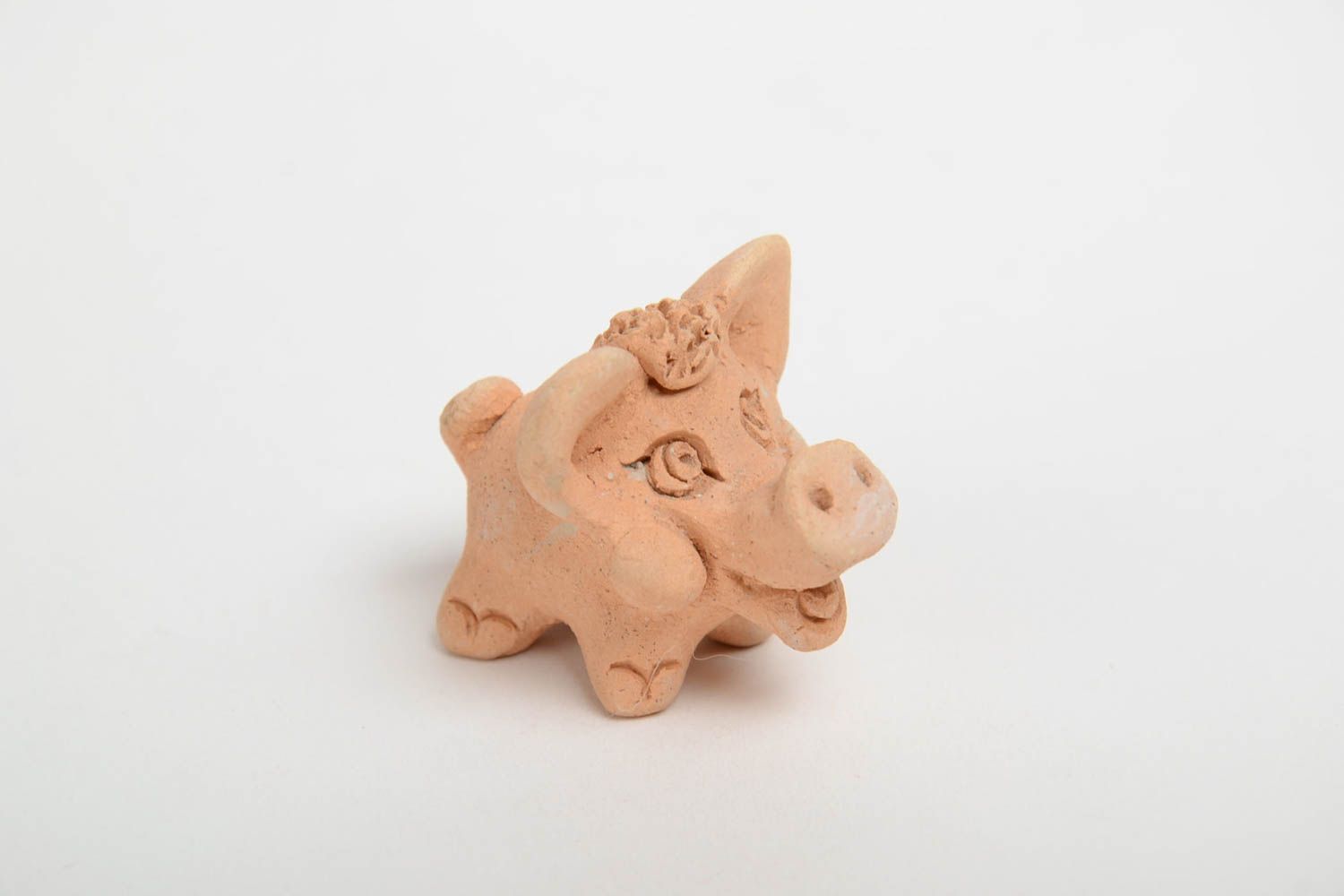 Handmade tiny funny animal figurine molded of pottery clay pig for table decor photo 4