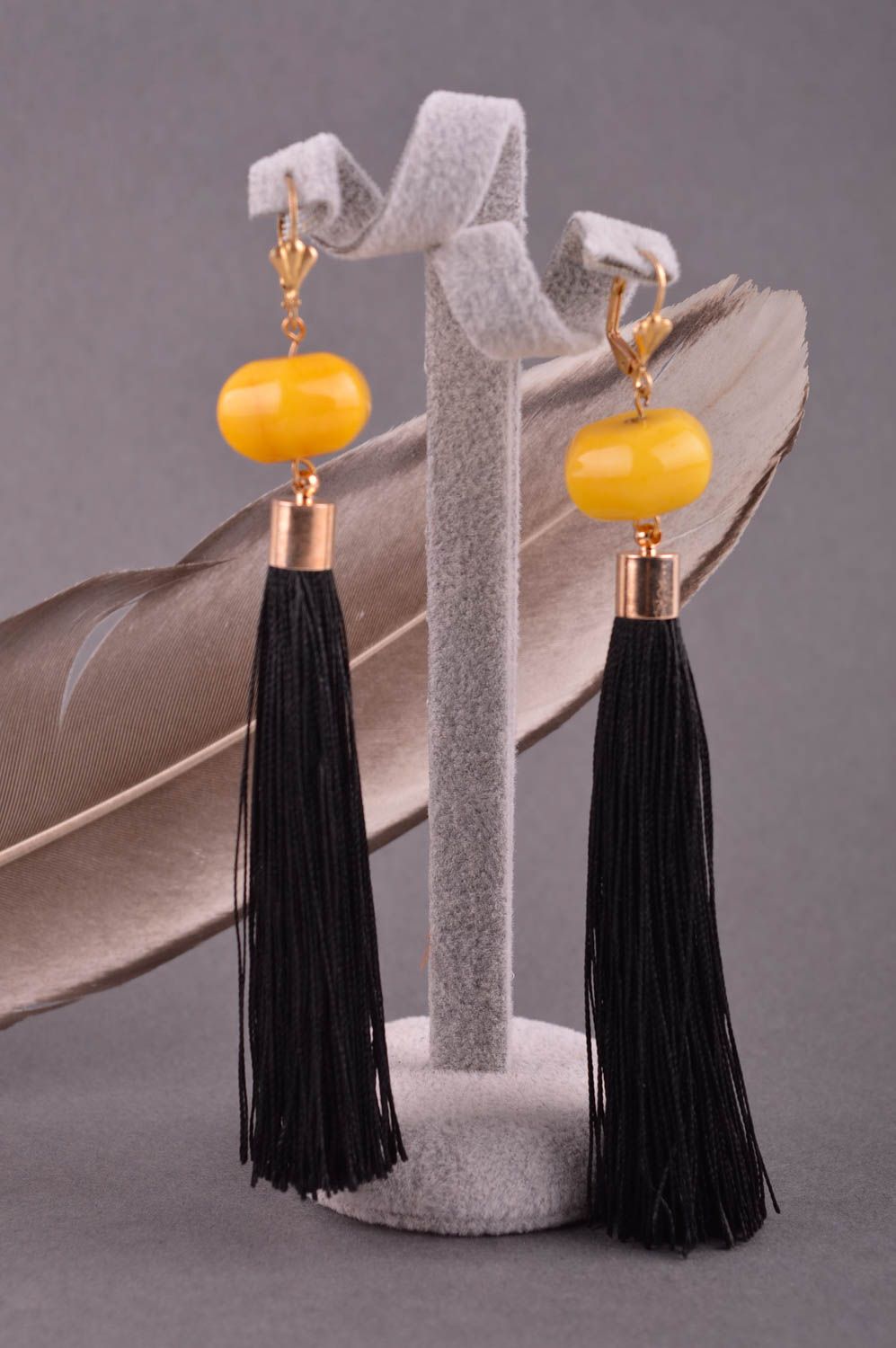 Handmade wicker earrings handmade accessories long earrings black and yellow  photo 1