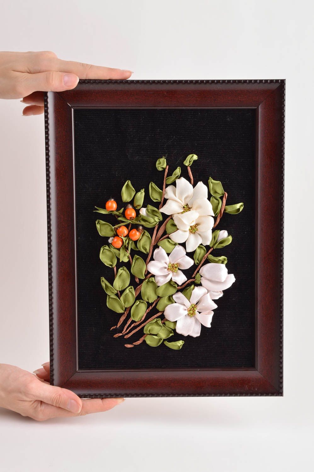 Handmade ribbon embroidery wall panel picture with flowers home interior decor  photo 2