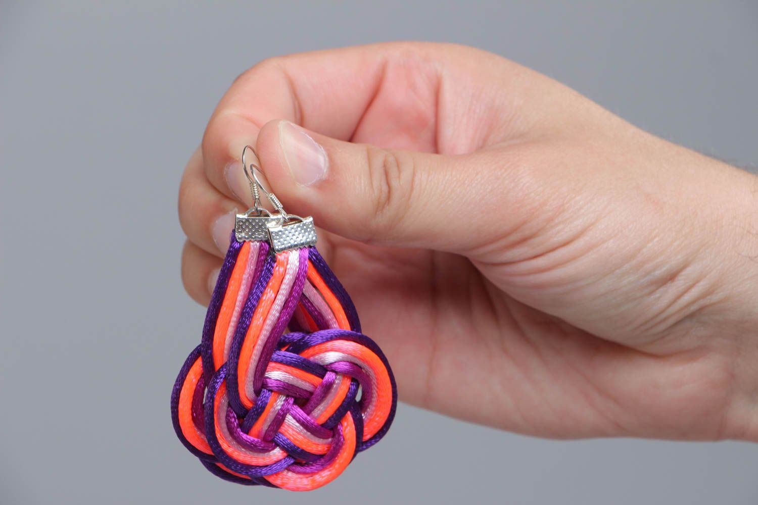 Handmade woven textile earrings made of cord for bright girls beautiful jewelry photo 4