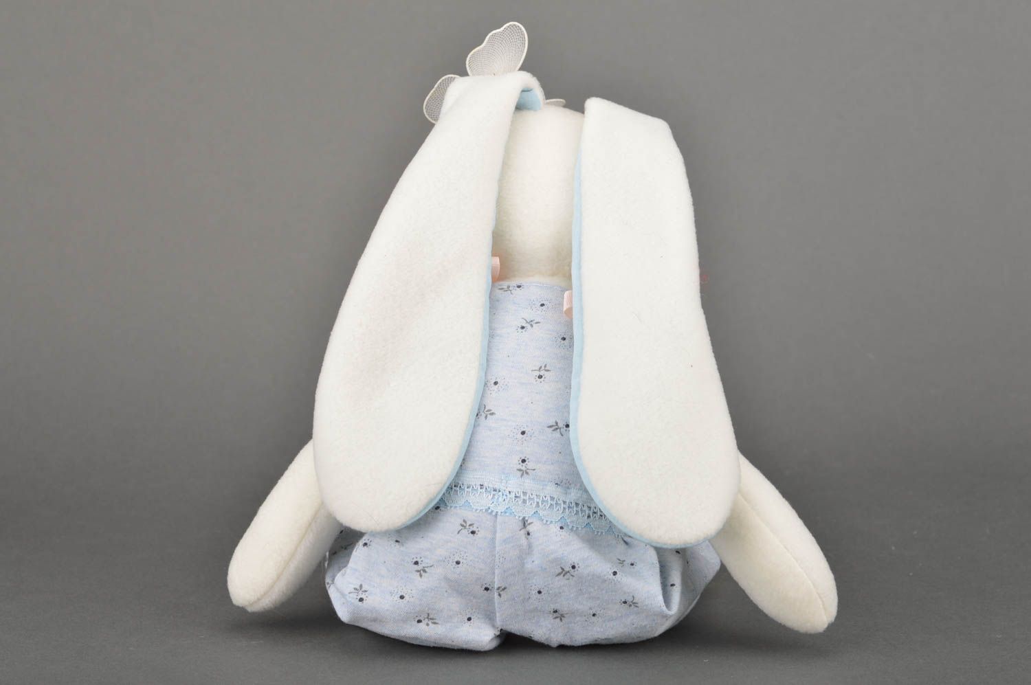 Handmade designer cotton fabric soft toy tender rabbit in blue overall photo 5