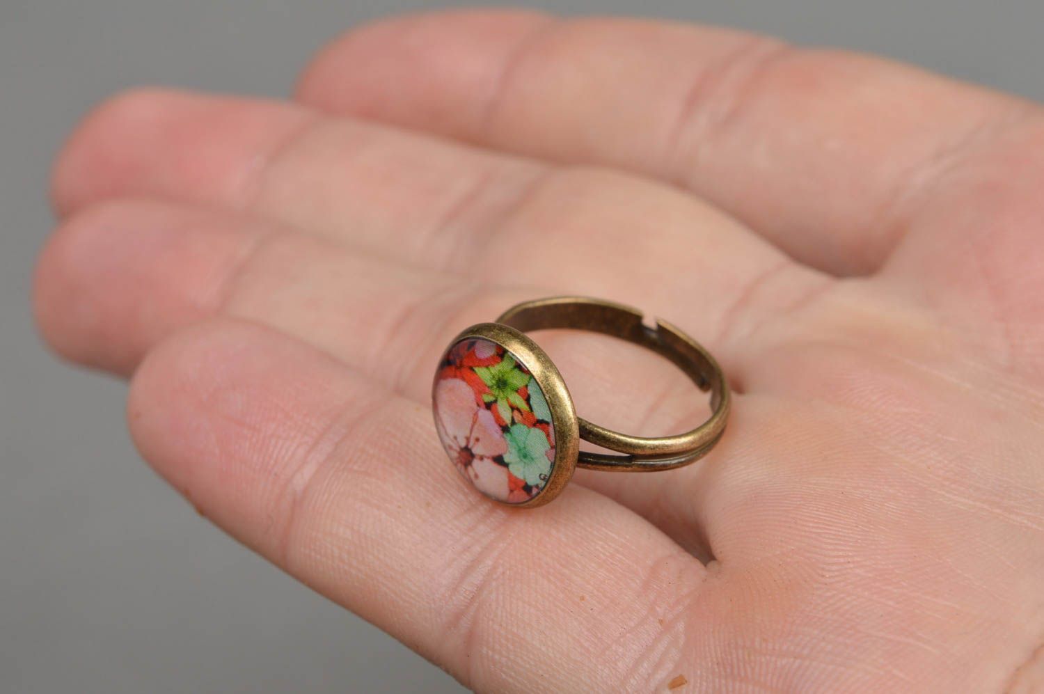 Handmade trendy round ring with decoupage print stylish designer accessory photo 4