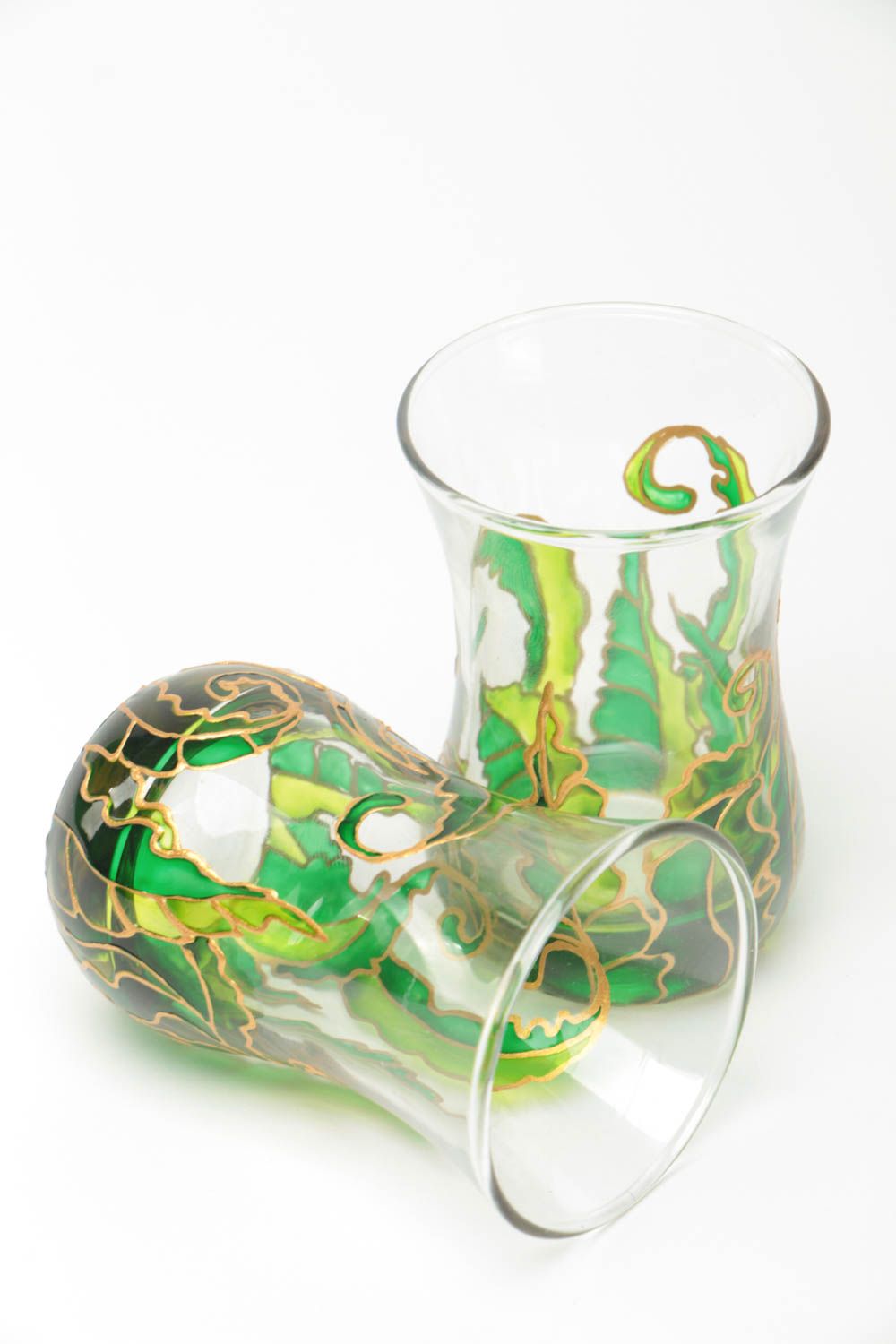 Ensemble de petits verres en verre peints à motif vert faits main 10 cl 2 pièces photo 3