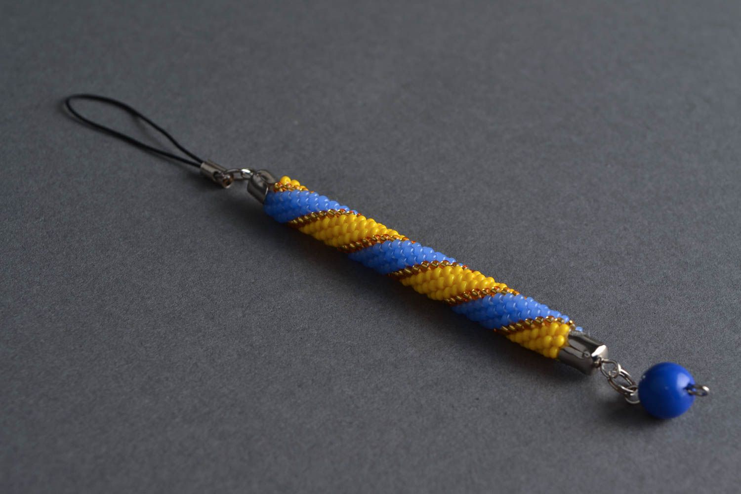 Porte-clés jaune bleu tressé en perles de rocaille accessoire pour portable photo 1