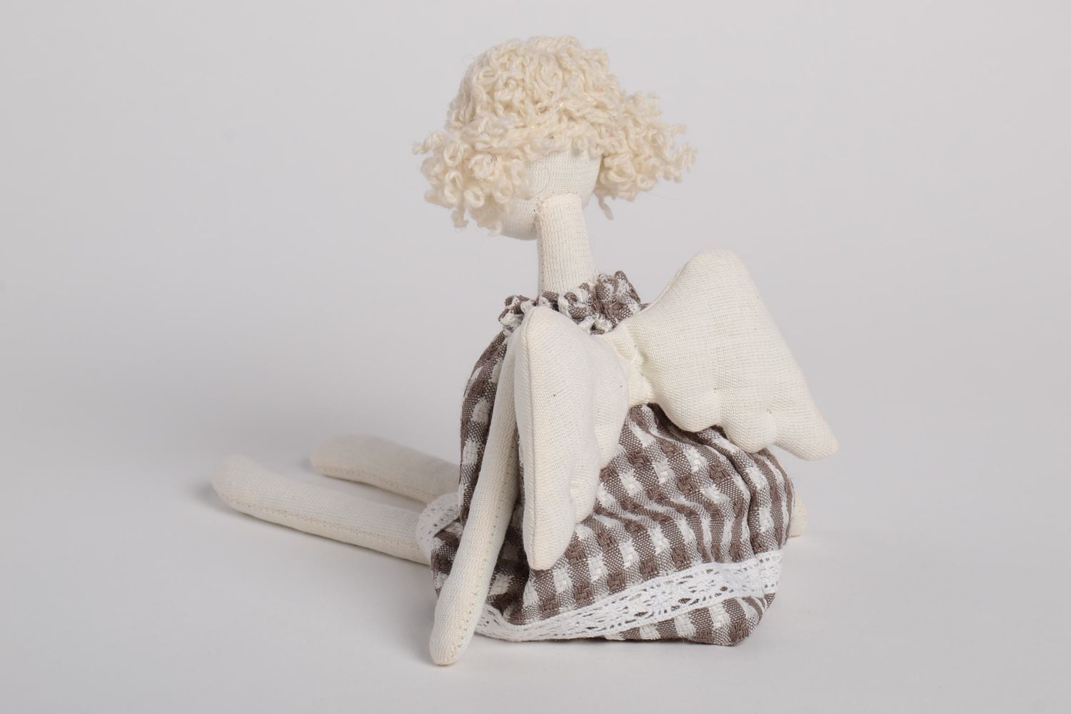 Handmade schöne Puppe Engel im karierten Kleid Designer Puppe Stoff Spielzeug  foto 4